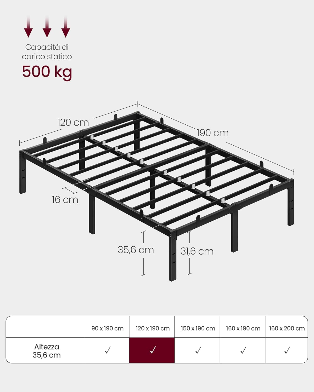 Thumbnail 1 de VASAGLE RMB130BD01: Struttura Letto Matrimoniale in Metallo 120x190 cm, Nero Inchiostro