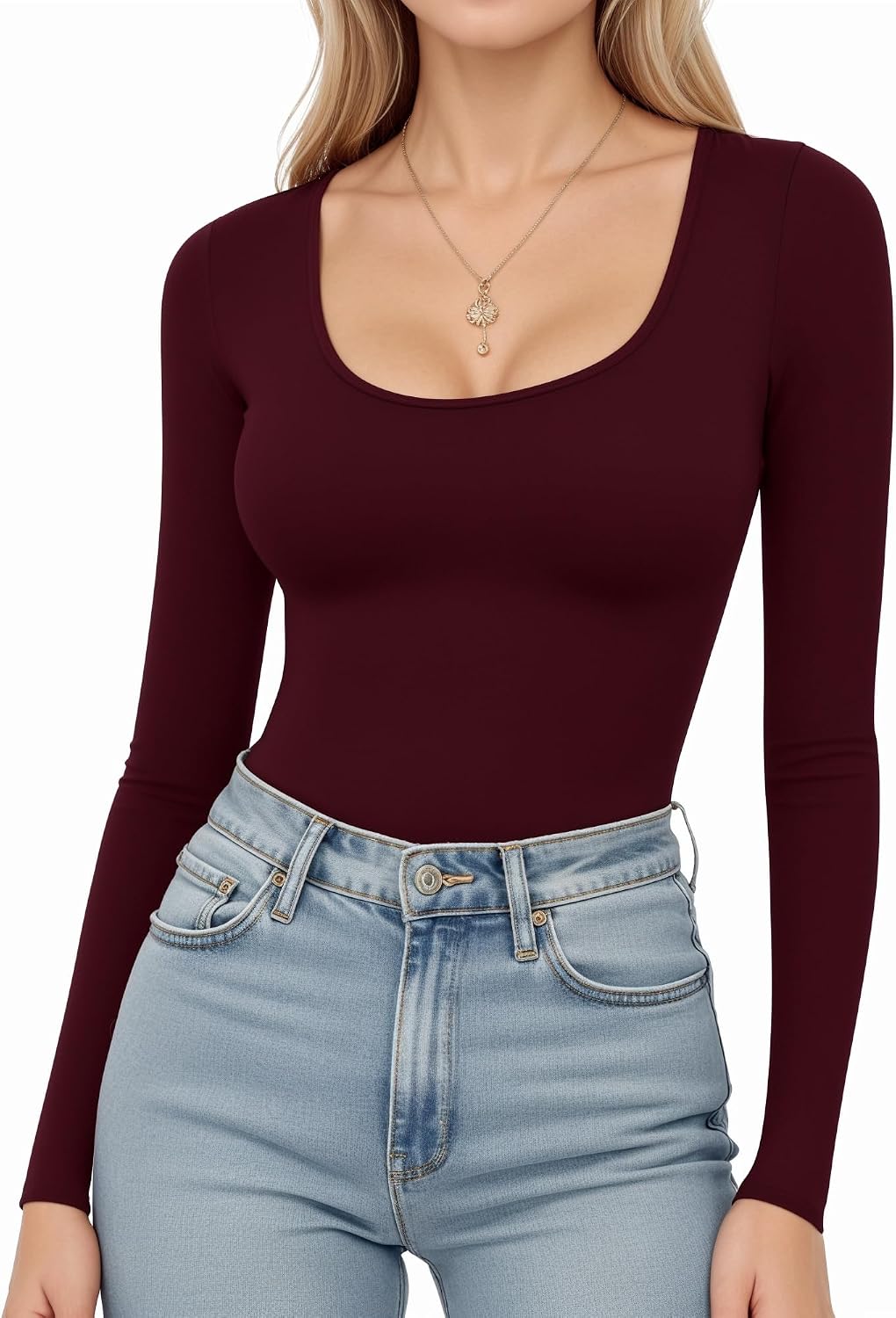 Detalle de ALGALAROUND Women's Long Sleeve Scoop Neck Top — Slim Fit Casual to Everyday Winter Tee