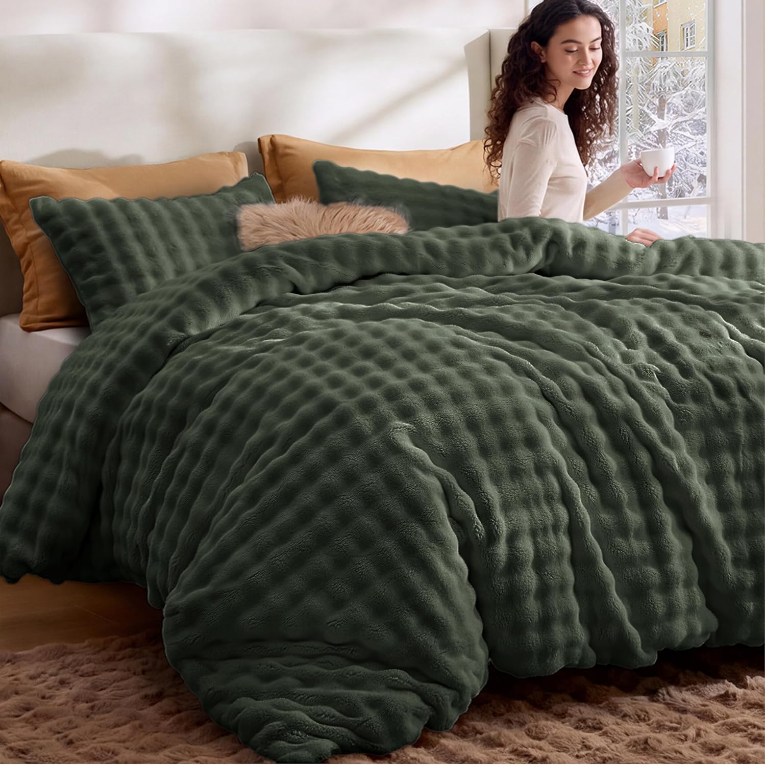 Detalle de Bedsure BB649B3 Queen Bubble Comforter Set, Double-Sided Flannel, 90" x 90