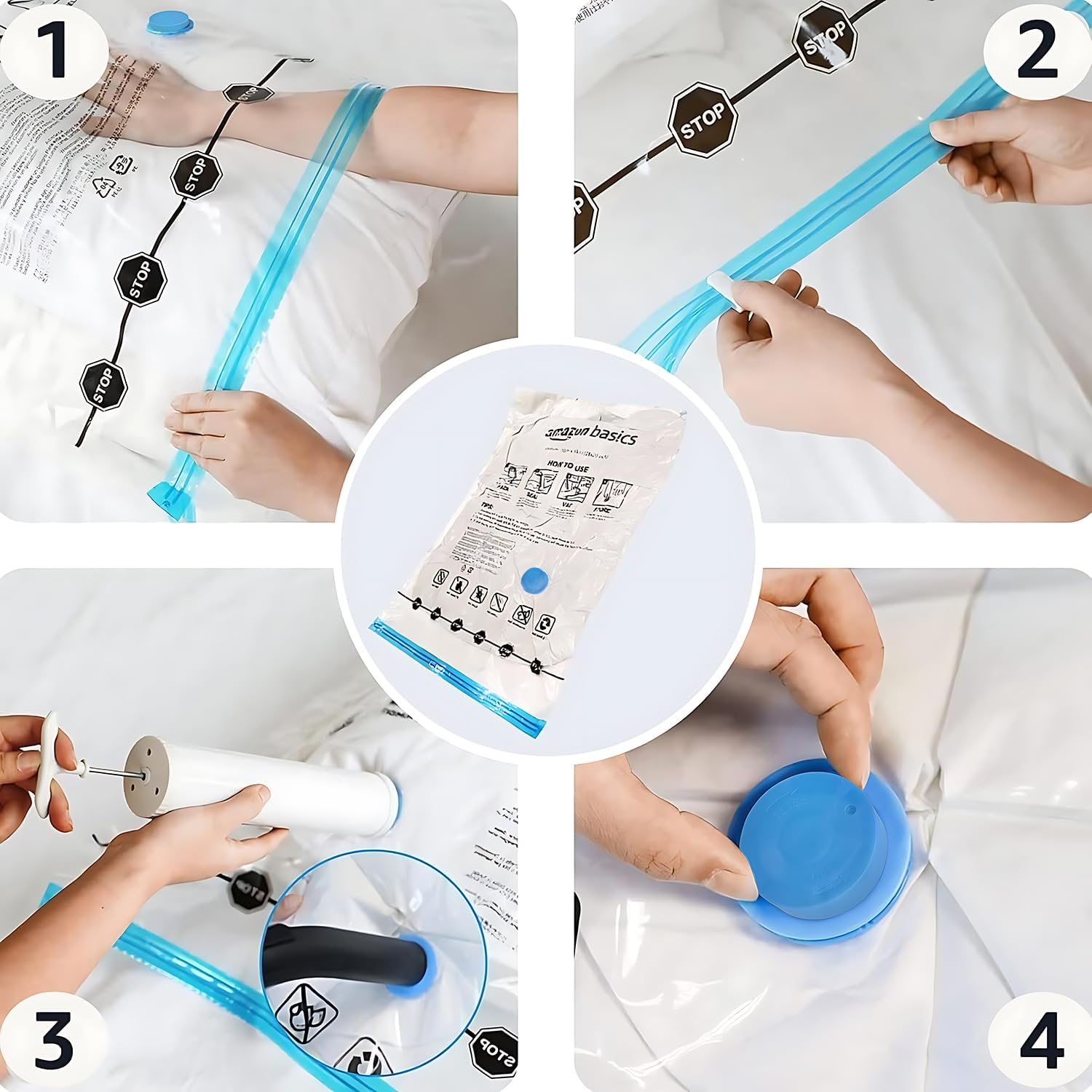 Detalle 2 de Amazon Basics Vakuumbeutel für Kleidung, 5er-Set, mittelgroß (70 x 50 cm) mit Luftdichtem Ventil und Handpumpe
