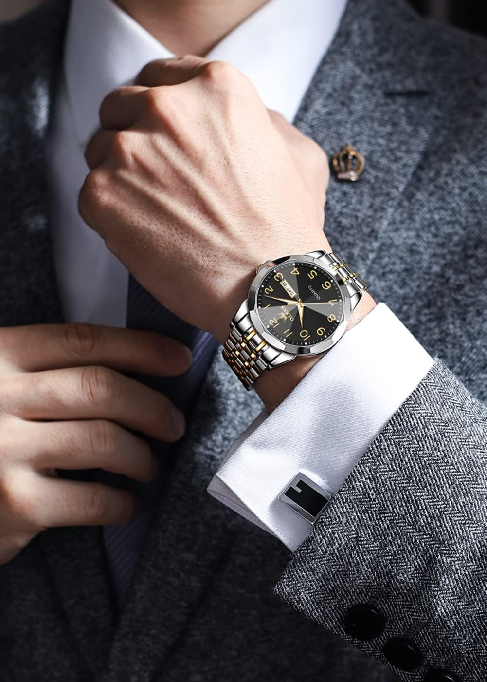 Detalle de OLEVS Herrenuhr in Gold/Silber – Business-Kleid Luxe mit Quarzwerk, leuchtendem Zifferblatt und 30 m Wasserschutz