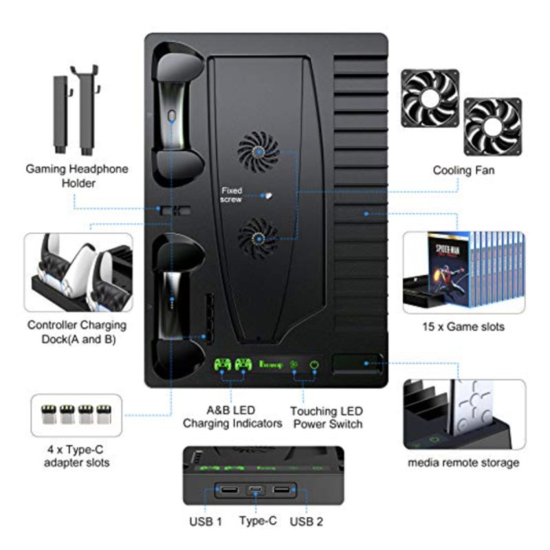 Detalle de Klack Base de Refrigeración para PS5 con Soporte para Auriculares, Cargador y Organizador