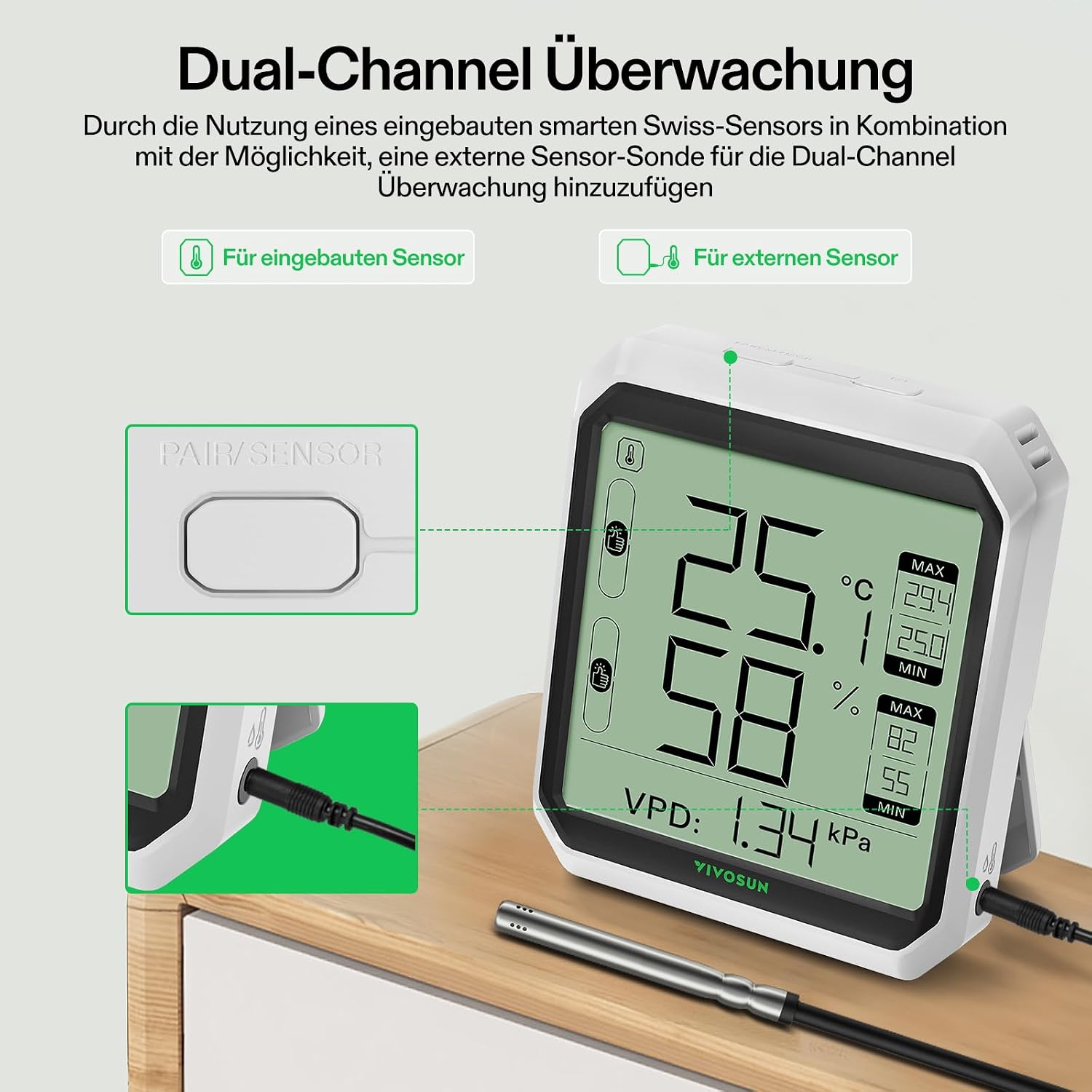 Detalle 2 de VIVOSUN AeroLab THB1S Hygrometer Bluetooth 2 Jahre Speicher