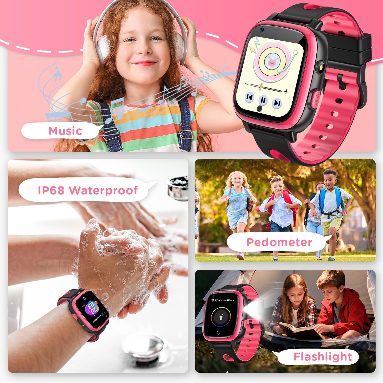 Thumbnail 4 de Whraills 2026 Nouvelle 4G Montre Connectée Enfant – Vidéo Appel, GPS, SOS, IP68, Mode École, Podomètre, Réveil, Flashlight – Rouge