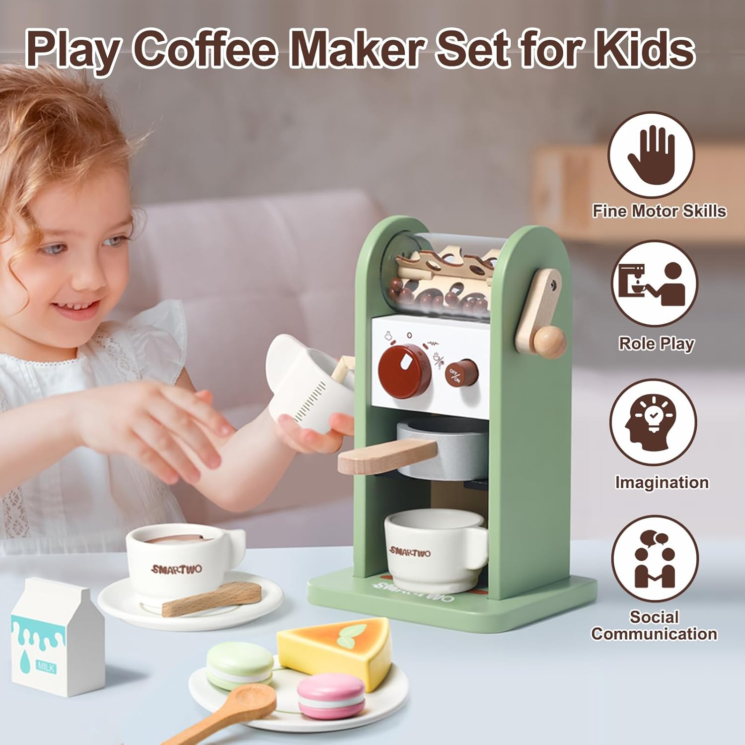 Thumbnail 4 de Smartwo Kinder-Holz-Kaffeemaschine mit Mühle – 17-teiliges Spielset für die Spielküche, grün (ab 3 Jahren)