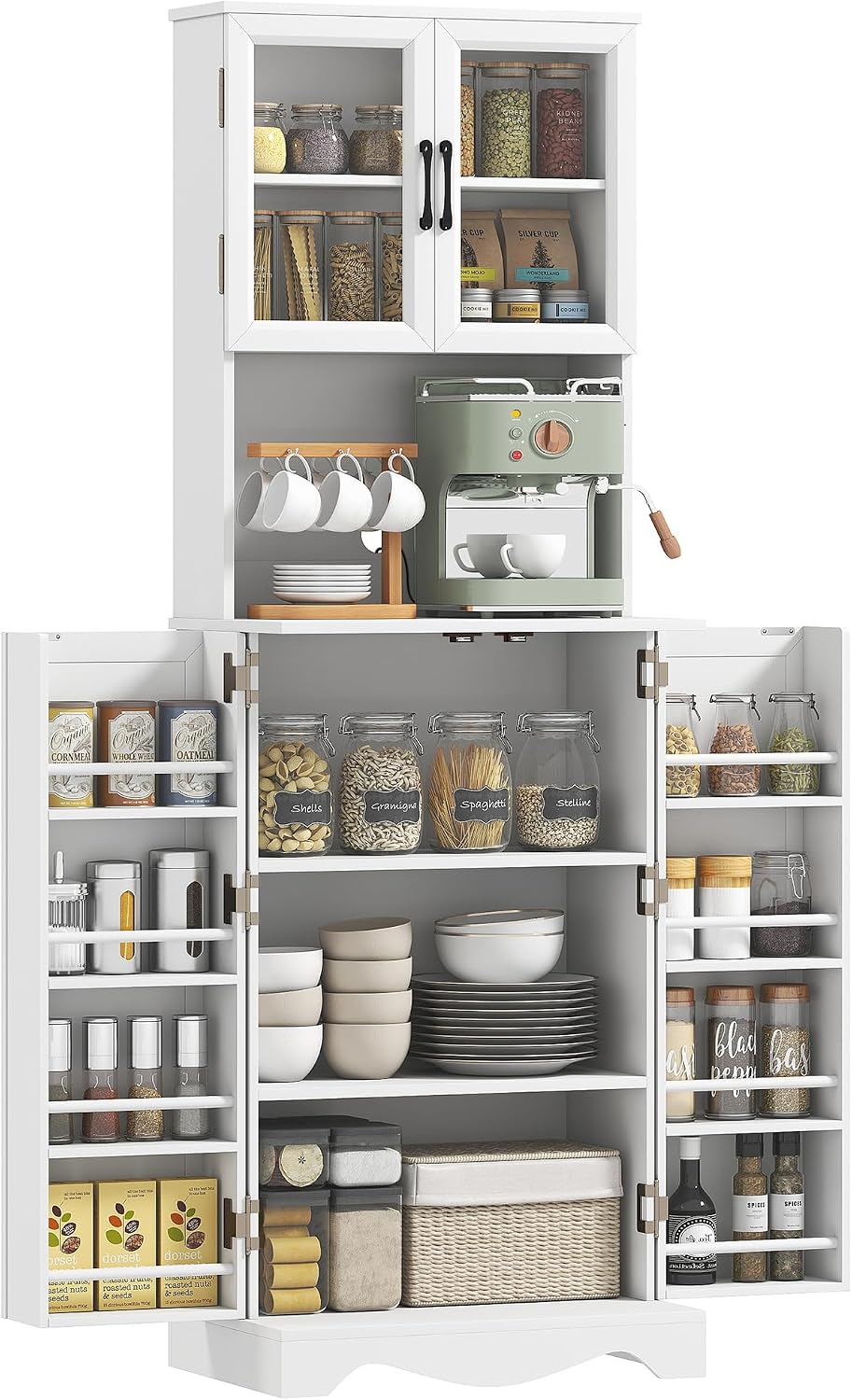 HOMCOM buffet haut pour cuisine avec vitrine, plan de travail et 4 portes (60 x 39,5 x 179,6 cm) blanc
