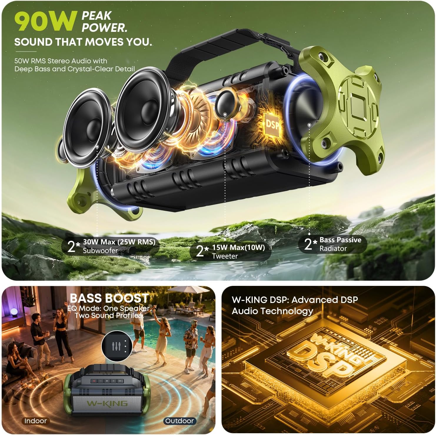 Detalle 2 de W-KING D8 90W Portable Bluetooth Speaker with Dual Subwoofers and IPX6