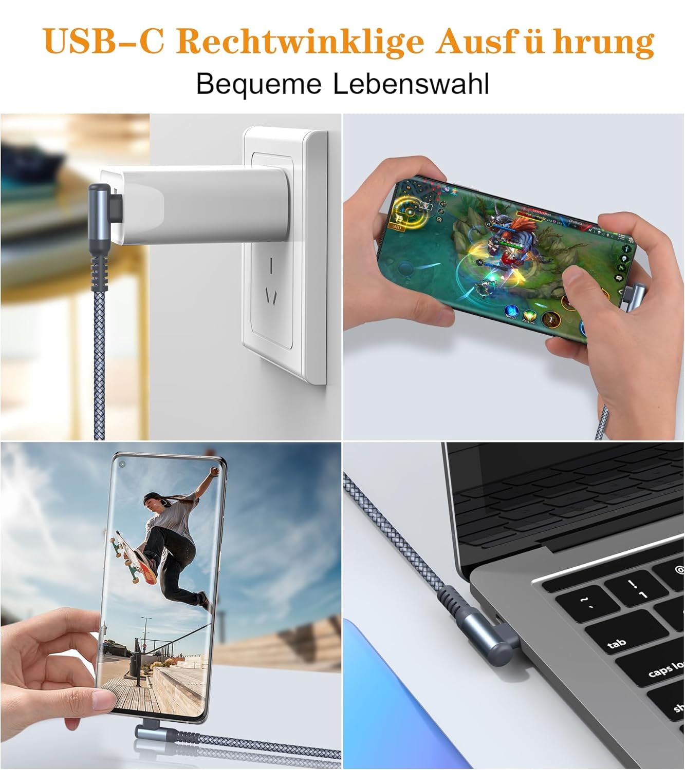 Detalle de Sweguard USB-C Kabel 3.1A Schnellladung – 2er Set, 1 m, Winkel-Design, Nylon-Verkabelung
