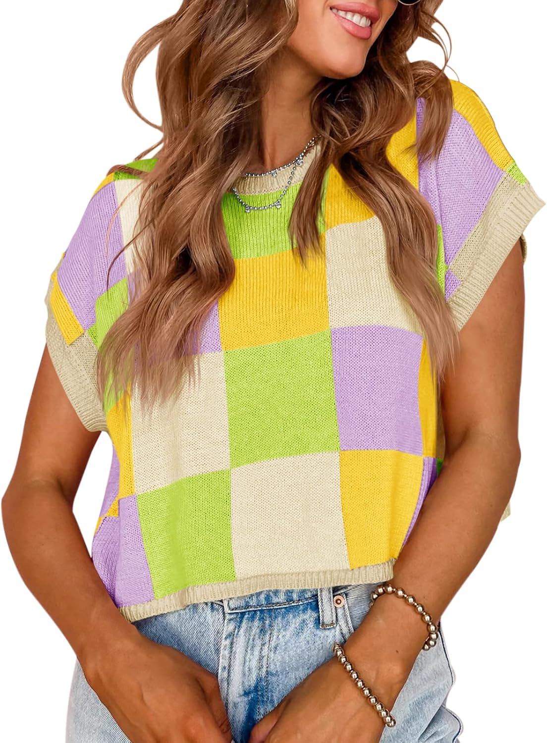 Detalle de Saodimallsu Women’s Cap Sleeve Crop Top: Color Block Knit for Summer Vibes