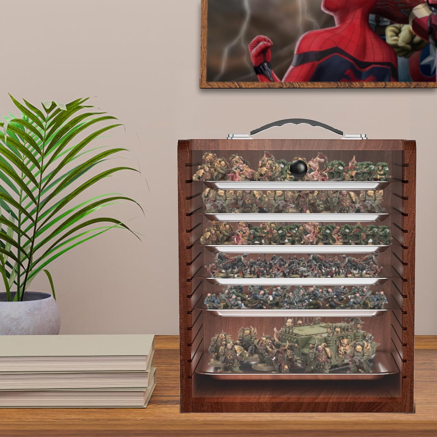 Thumbnail 6 de AKOZLIN Miniatur-Vitrine für Sammlerfiguren mit 6 Fächern, Griff aus Holz – Miniatur-Tragekoffer (schwarz)