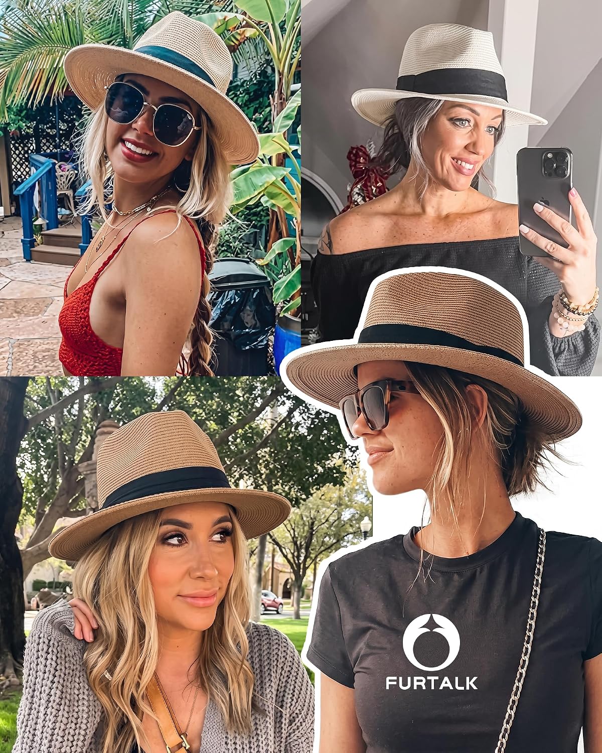 Detalle 2 de FURTALK wide brim straw panama hat fedora for women & men (UPF straw summer sun hat)