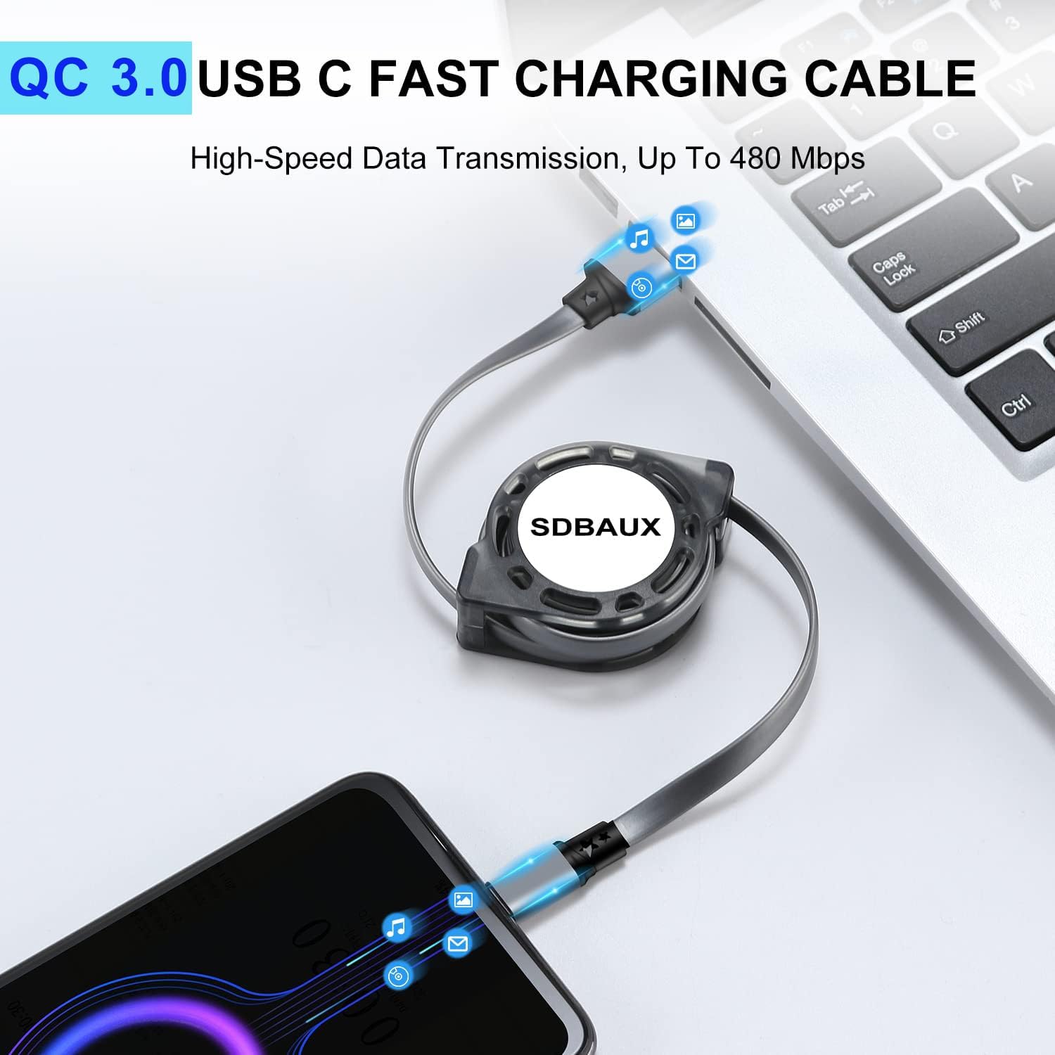 Thumbnail 1 de SDBAUX USB-C Kabel 1 m mit Quick Charge 3.0 (3 A) – einziehbares USB-A auf USB-C Ladekabel & Datenkabel