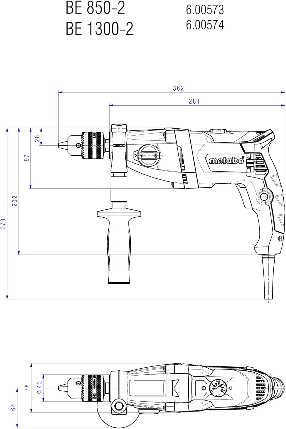 Detalle 2 de Metabo BEV 1300-2 boormachine 600574000 met pulswerking en twee versnellingen