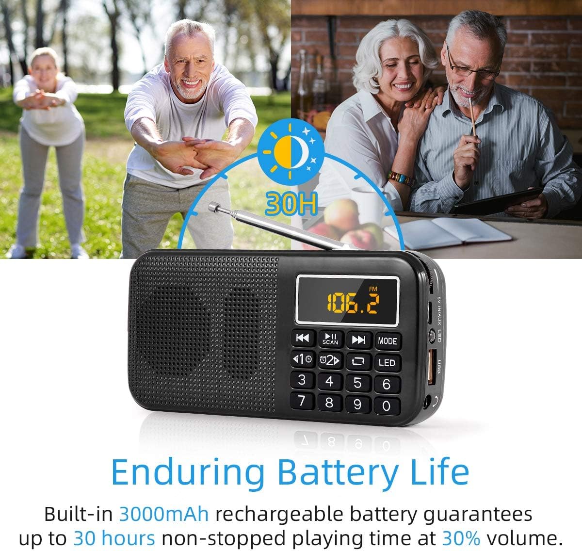 Thumbnail 5 de PRUNUS J-725 : Radio portable rechargeable avec lumière d’appoint et horloge, compacte et polyvalente
