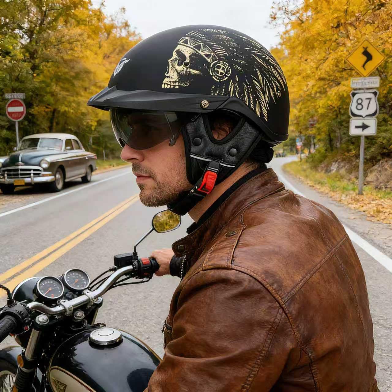 Thumbnail 6 de VCOROS VHF04 Half Helmet: Retro Open-Face DOT-Certified Cruiser Helmet with Sun Visor