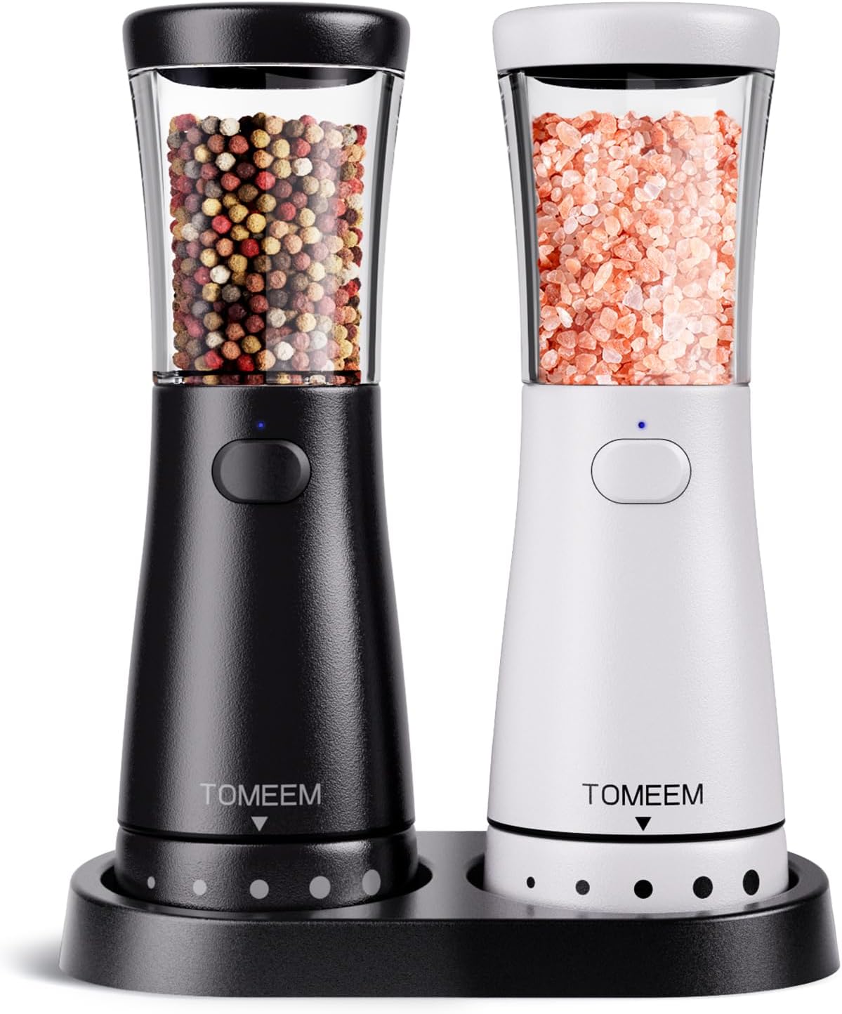 Detalle de Electric Salt and Pepper Grinder Set with Storage Base (Stainless Steel, Rechargeable, Adjustable Coarseness)