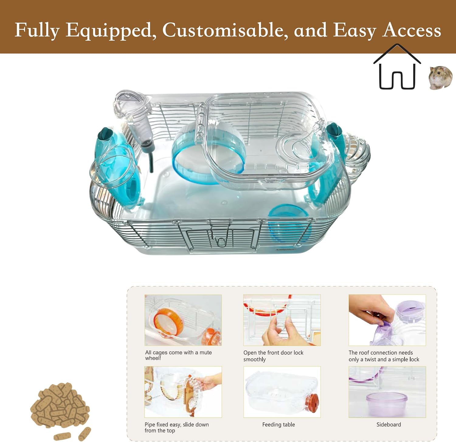 Thumbnail 2 de LillipHut Hamster Cage (Blue, Medium) – clear acrylic small animal habitat with wheel & climbing accessories