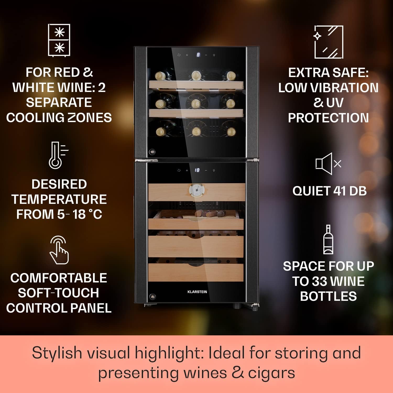 Detalle 2 de Klarstein 89L Cigar Humidor and Wine Cooler with Glass Door and Temperature Control