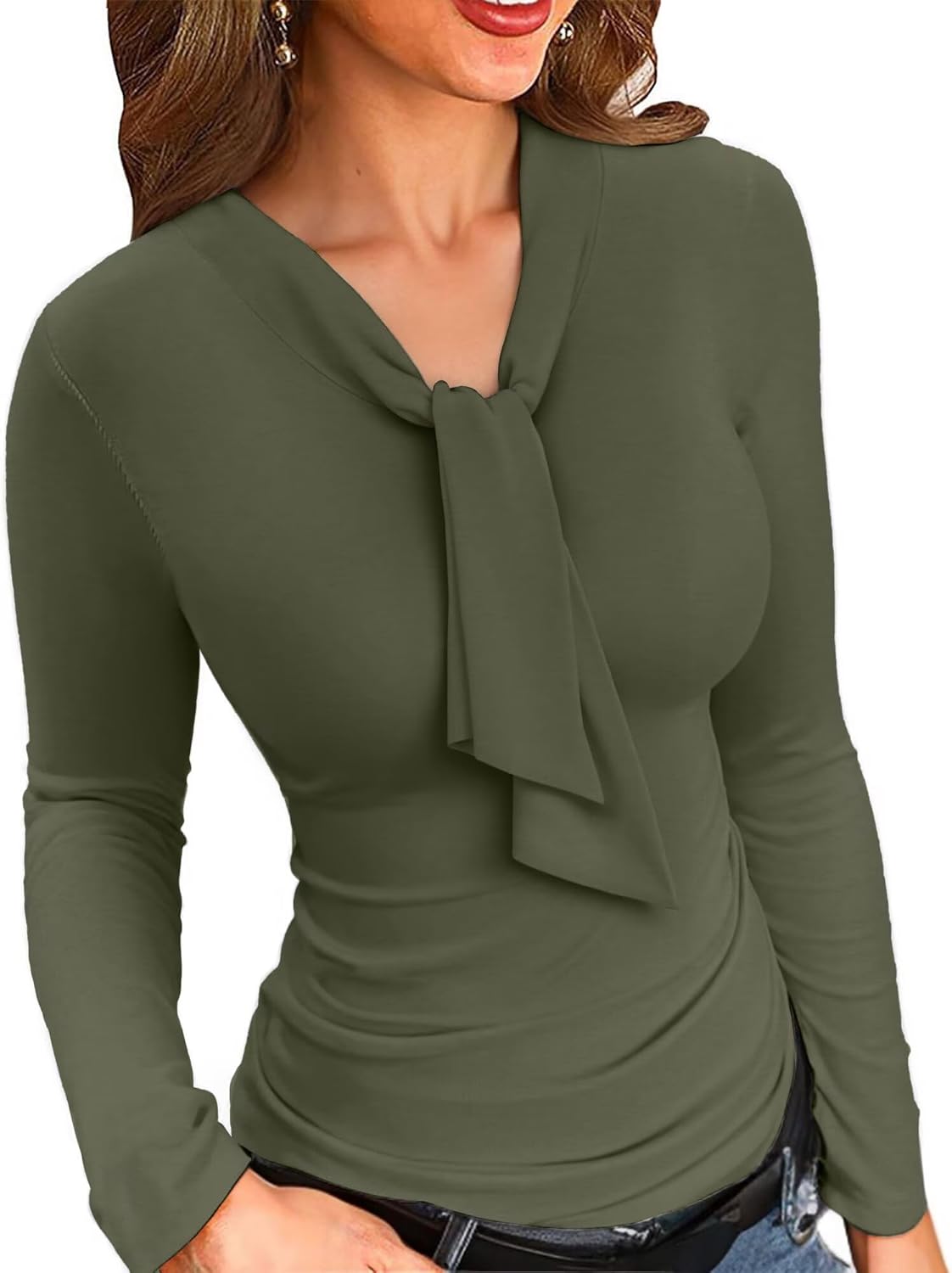 Detalle de VICHYIE Damen Langarmshirt mit Rundhals und Umhang-Detail – Schlanke Passform, Einfarbig