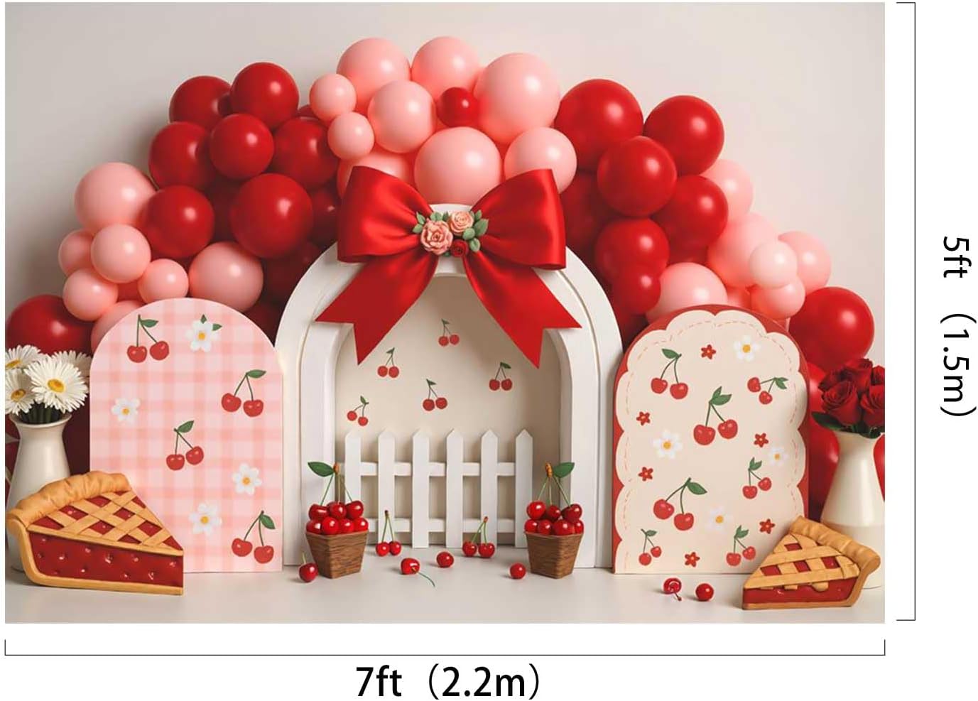 Thumbnail 1 de Kate Cake Smash Cherry Pie Photography Backdrop 7x5ft (2.2x1.5m) - Bow Tie Cherry Sandwich Balloon Arch Theme