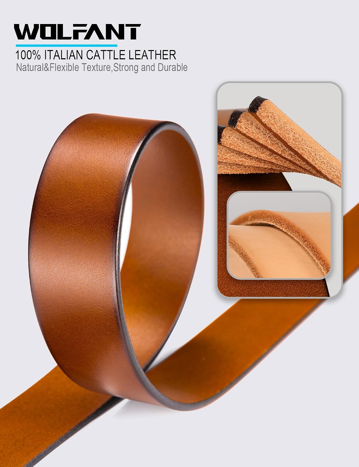Detalle de WOLFANT 1.5" Full Grain Leather Belt for Men (Gift Box)