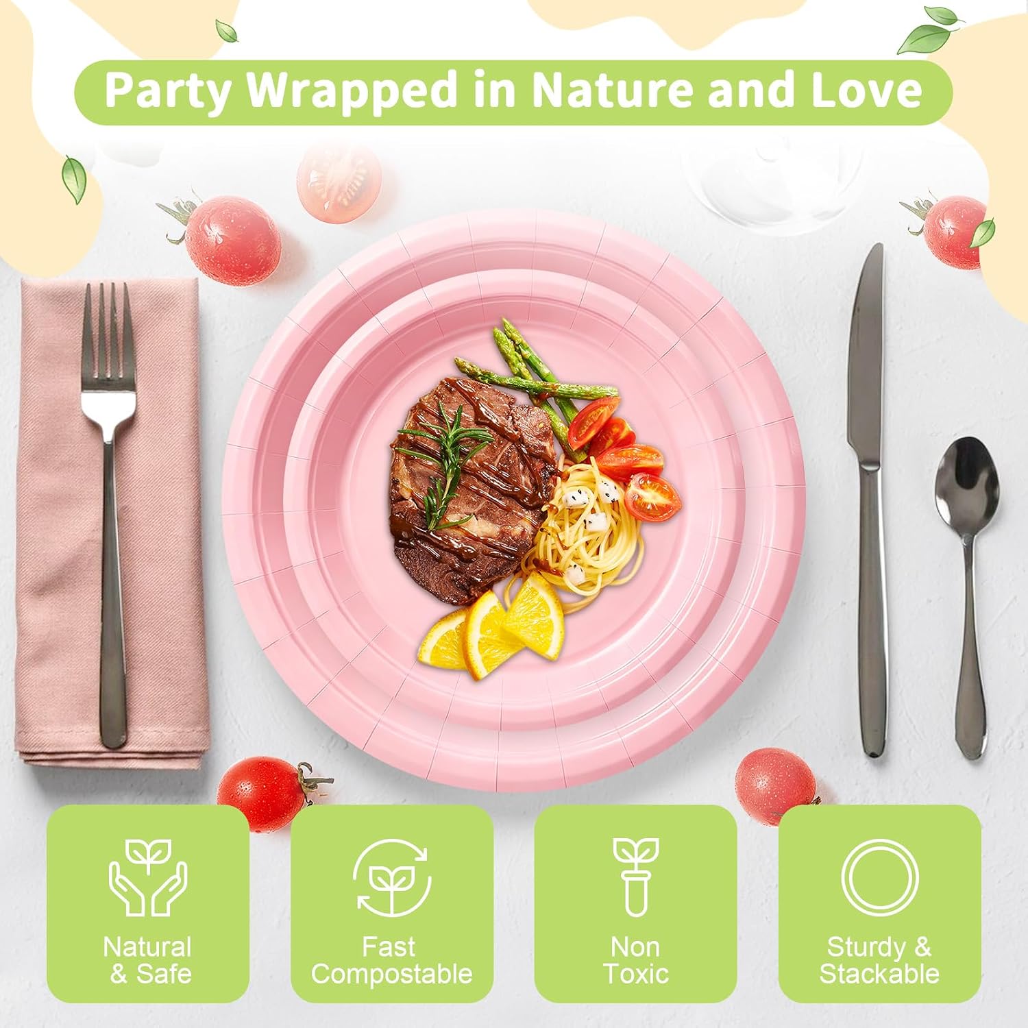 Detalle de LANLISA 50 Pcs Pink Paper Plates Disposable Set – 7" Dessert & 9" Dinner Plates for Parties