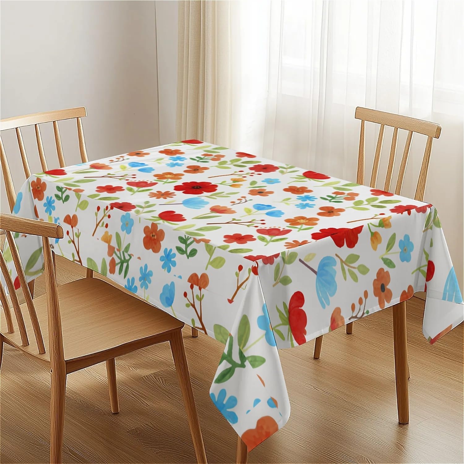 Detalle de artslion Rectangle Waterproof 60x84in Wipeable Table Cover – Non-PVC Fabric with Red and Blue Floral Design