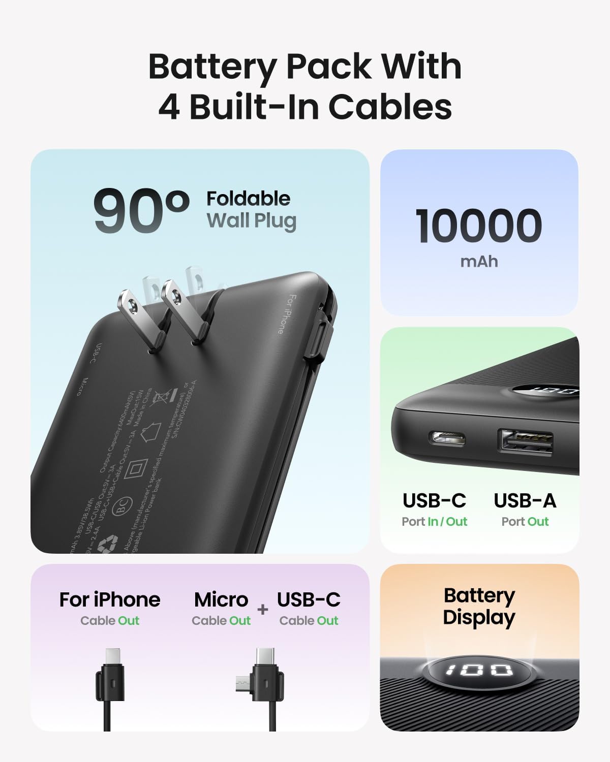 Thumbnail 1 de Coowisty CW3 10,000mAh Power Bank with Wall Plug, Built-In Cables and LED Display