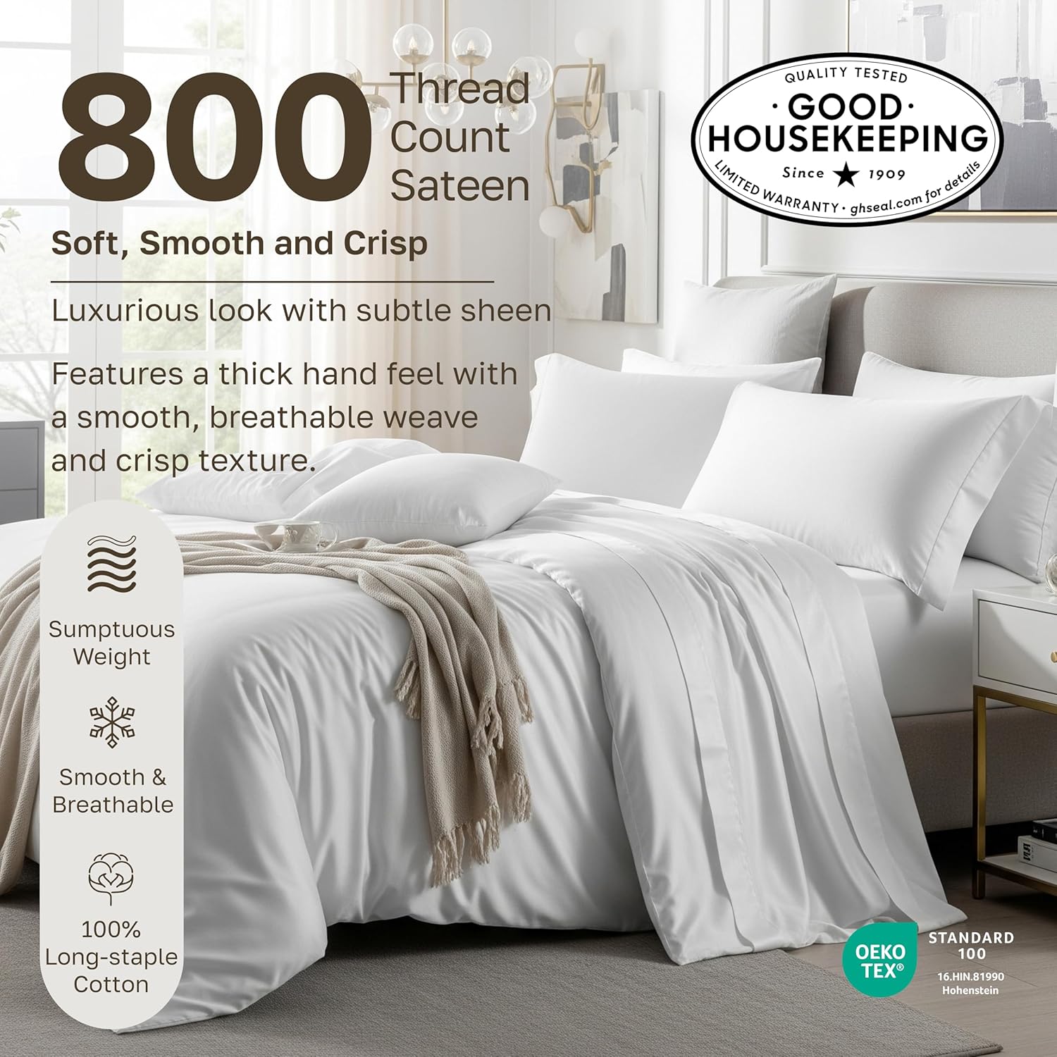 Thumbnail 2 de California Design Den King Bed Sheets (True Ivory) – Soft 800 Thread Count Sateen, 100% Cotton Set with Deep Pockets