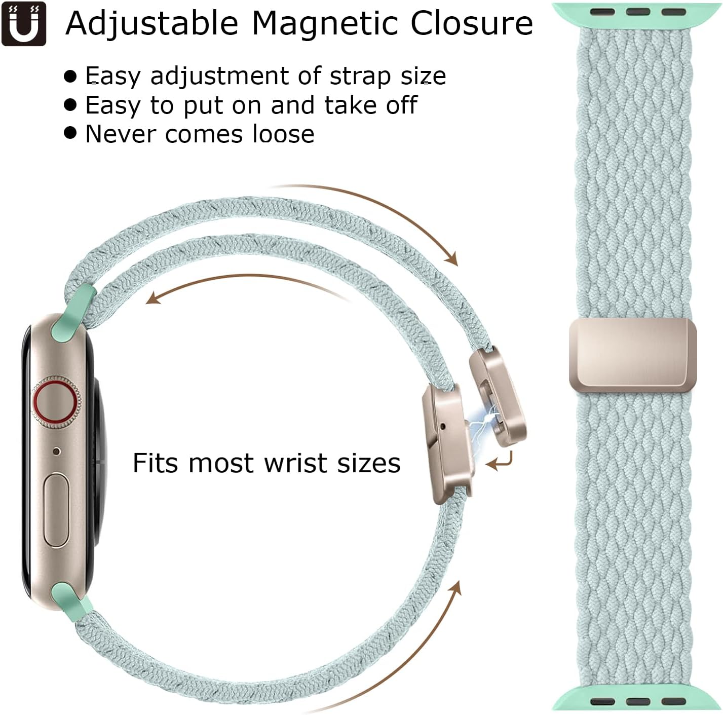 Detalle de Higgs braided magnetic snap strap for Apple Watch (nylon elastic) in sizes 38–49mm