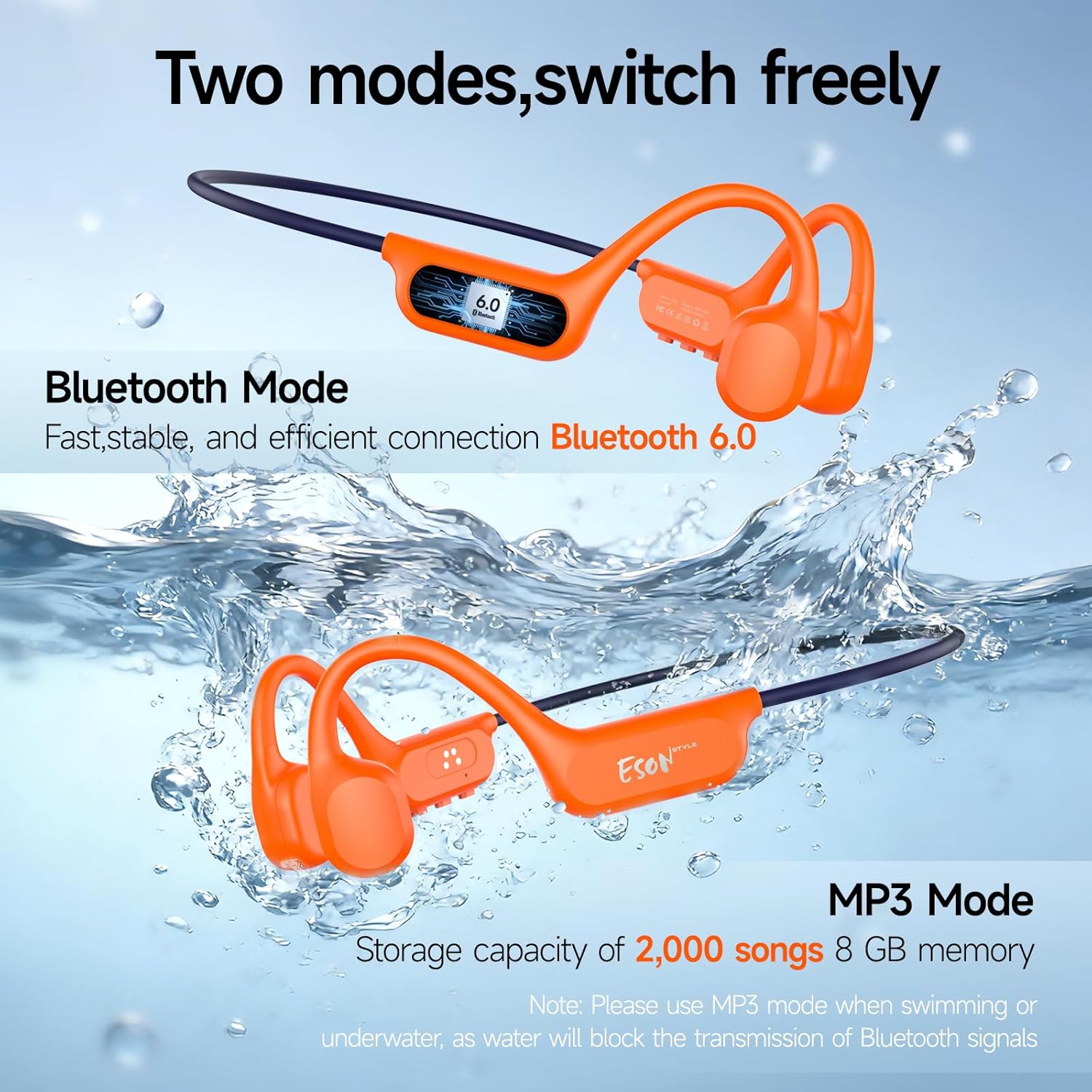 Thumbnail 4 de esonstyle Casque de conduction osseuse pour natation: Bluetooth 6.0, IP68, MP3 8 Go