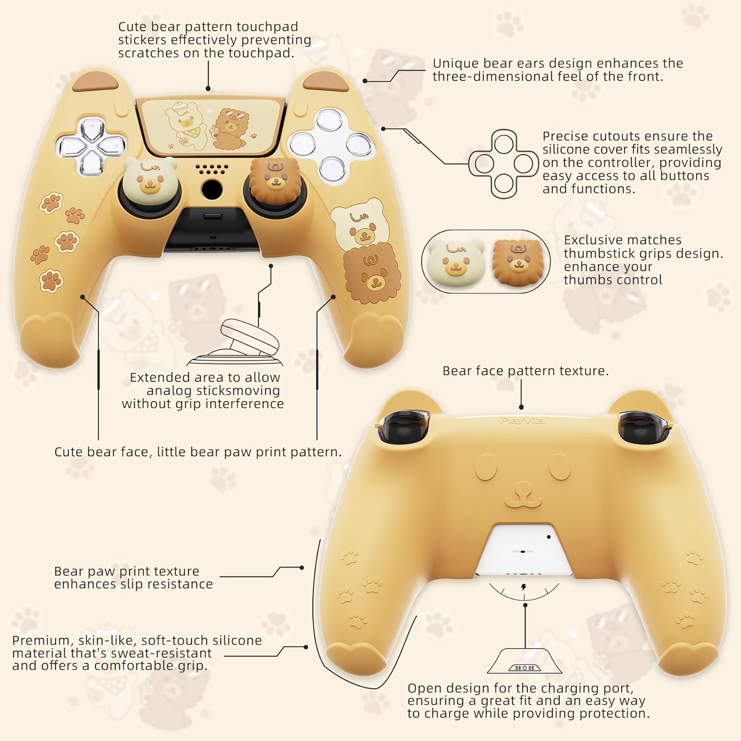Detalle de PlayVital Cute Bear Controller Silicone Case for PS5 – Bear-Themed Cover with Touch Pad Sticker & Thumb Grips (Yellow & Brown)