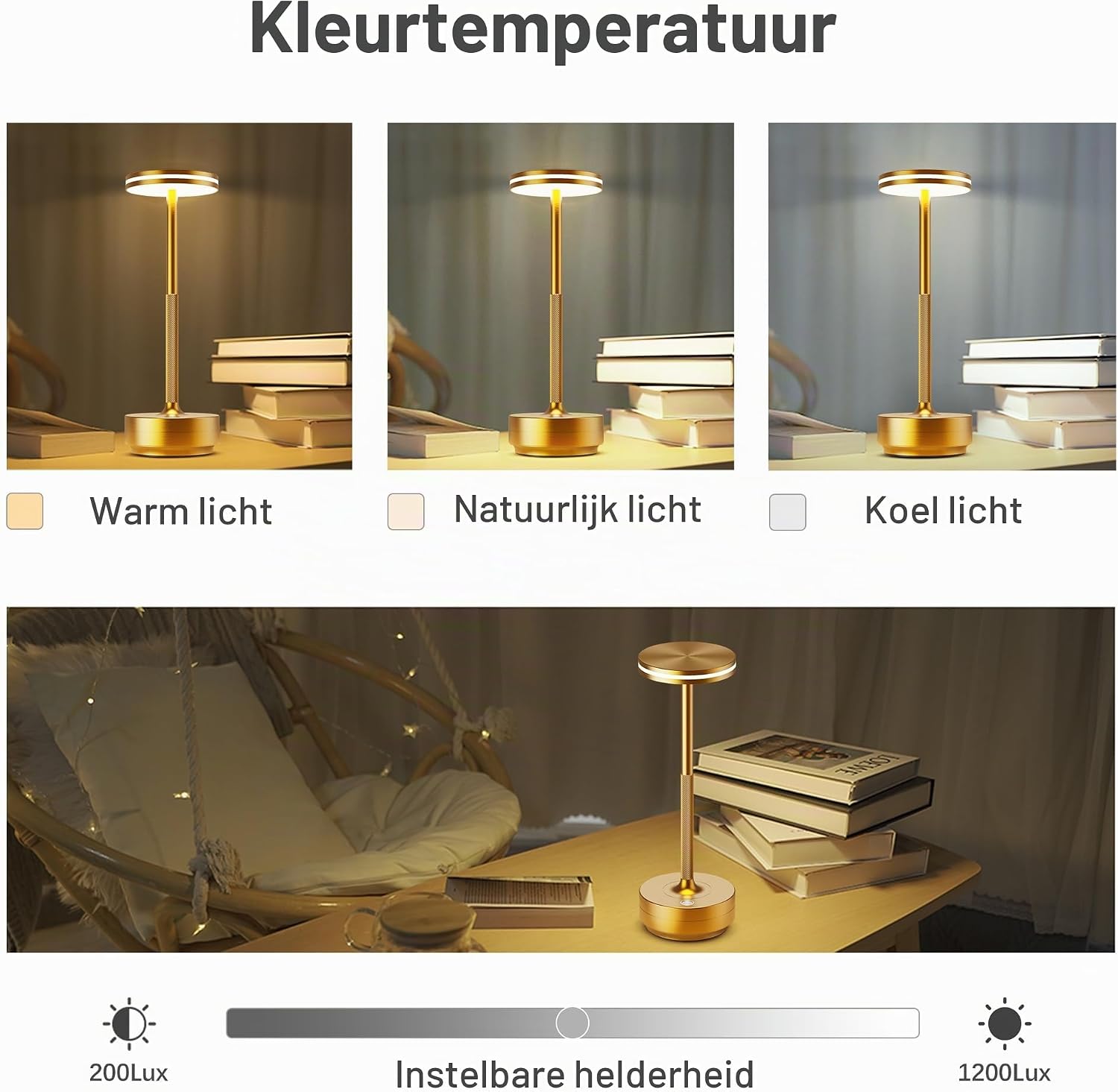 Detalle 2 de Hapfish oplaadbare LED-tafellamp 5000 mAh, goud, dimbaar met 3 lichtkleuren