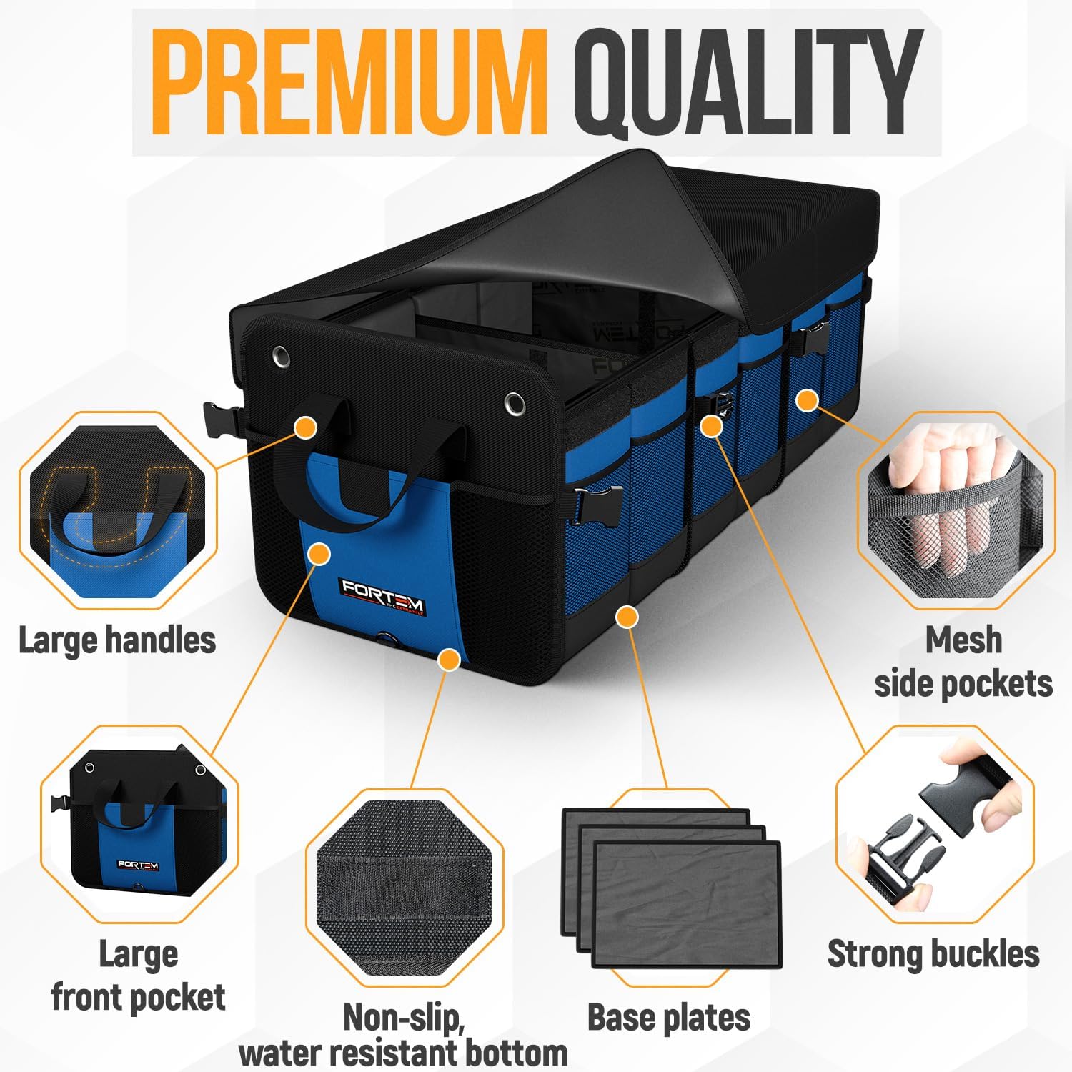 Detalle de FORTEM Car Boot Organiser (Collapsible 90L) for SUV Boot Tidy with Non-Slip Base and Adjustable Straps