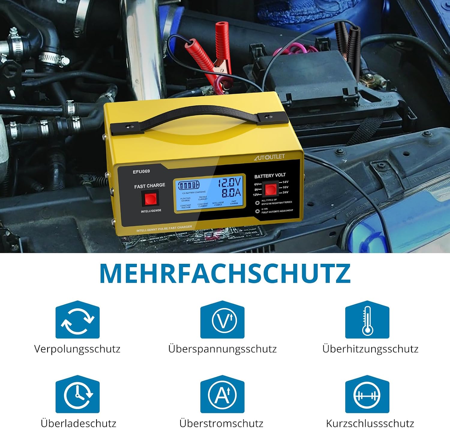 Detalle de AUTOUTLET Ladegerät Autobatterie 6/8/12/14/24V – Smartes Vollautomatisches Erhaltungsladegerät mit LCD
