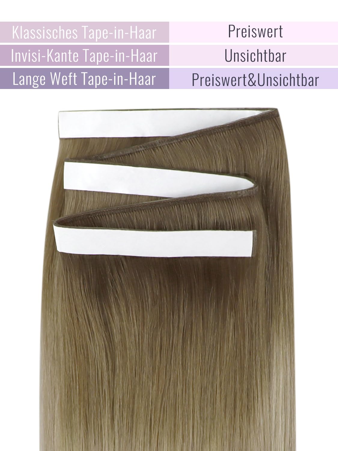 Detalle 2 de Fshine Genius Tape Weft Echthaar Tressen Mittebraun mit Asch- und Platinblond-Mix, 45 cm – einfache Tape-Tressenverlängerung