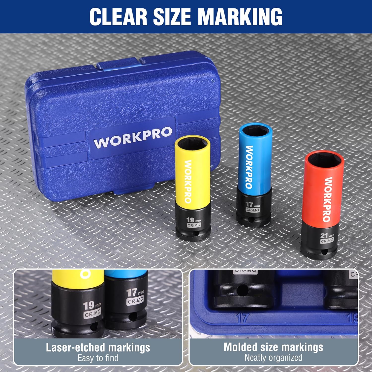 Thumbnail 6 de WORKPRO 1/2-inch Drive Thin Wall Lug Nut Impact Socket Set (17mm, 19mm, 21mm) – 3 pcs with storage case