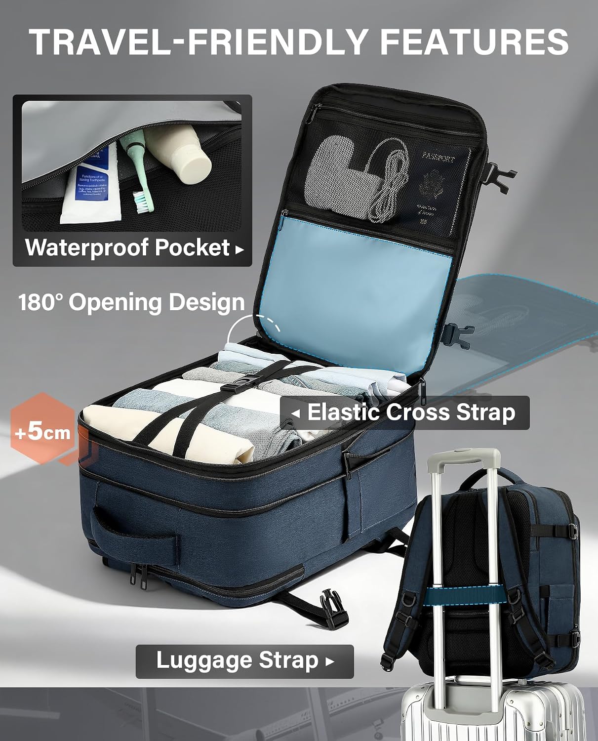 Thumbnail 4 de VANKEV Expandable Cabin Bag for EasyJet, Lufthansa, BA & Jet2 — 32L to 40L, 45x36x20/25 cm, Underseat 15.6" Laptop