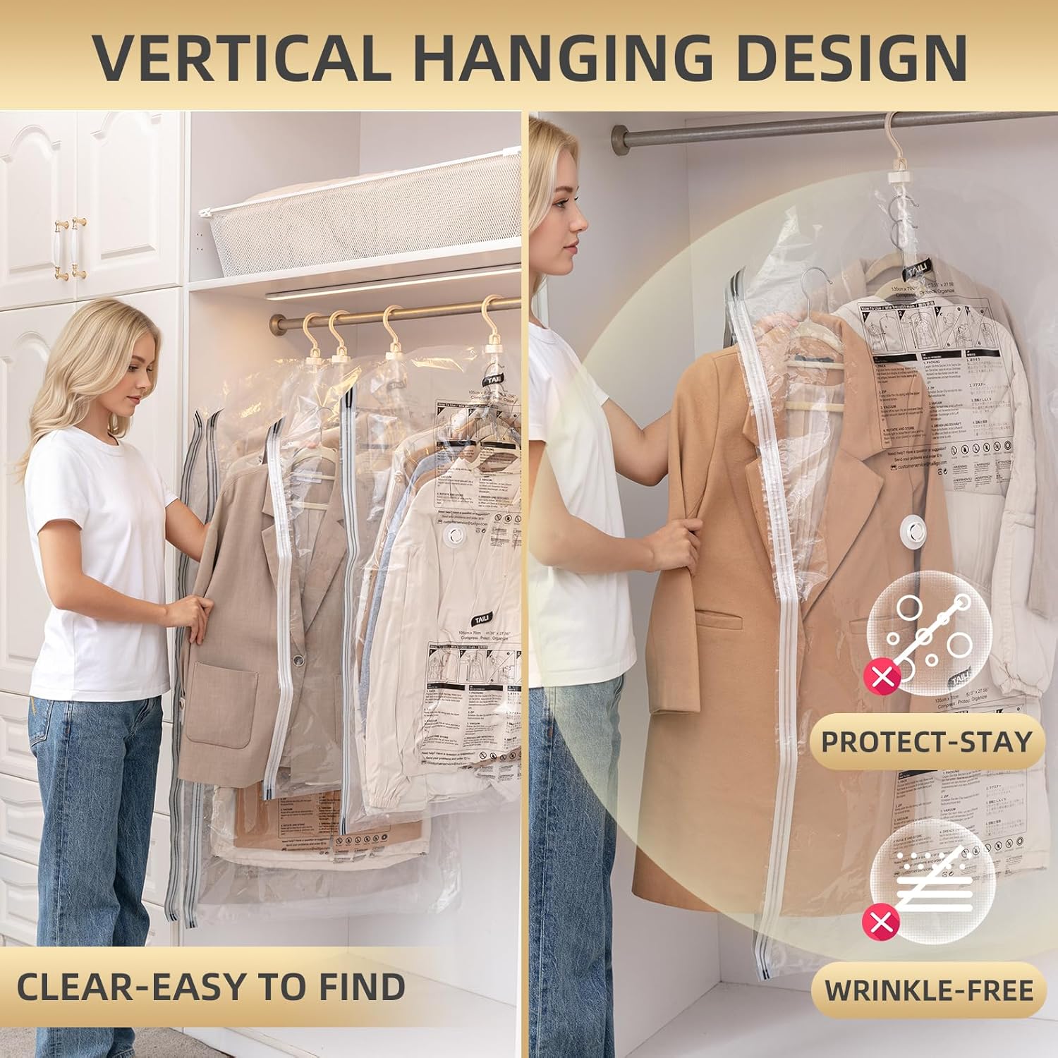 Thumbnail 2 de Hanging Vacuum Storage Bags – 6 Jumbo Space-Saving Wardrobe Carriers for Coats, Suits and Dresses