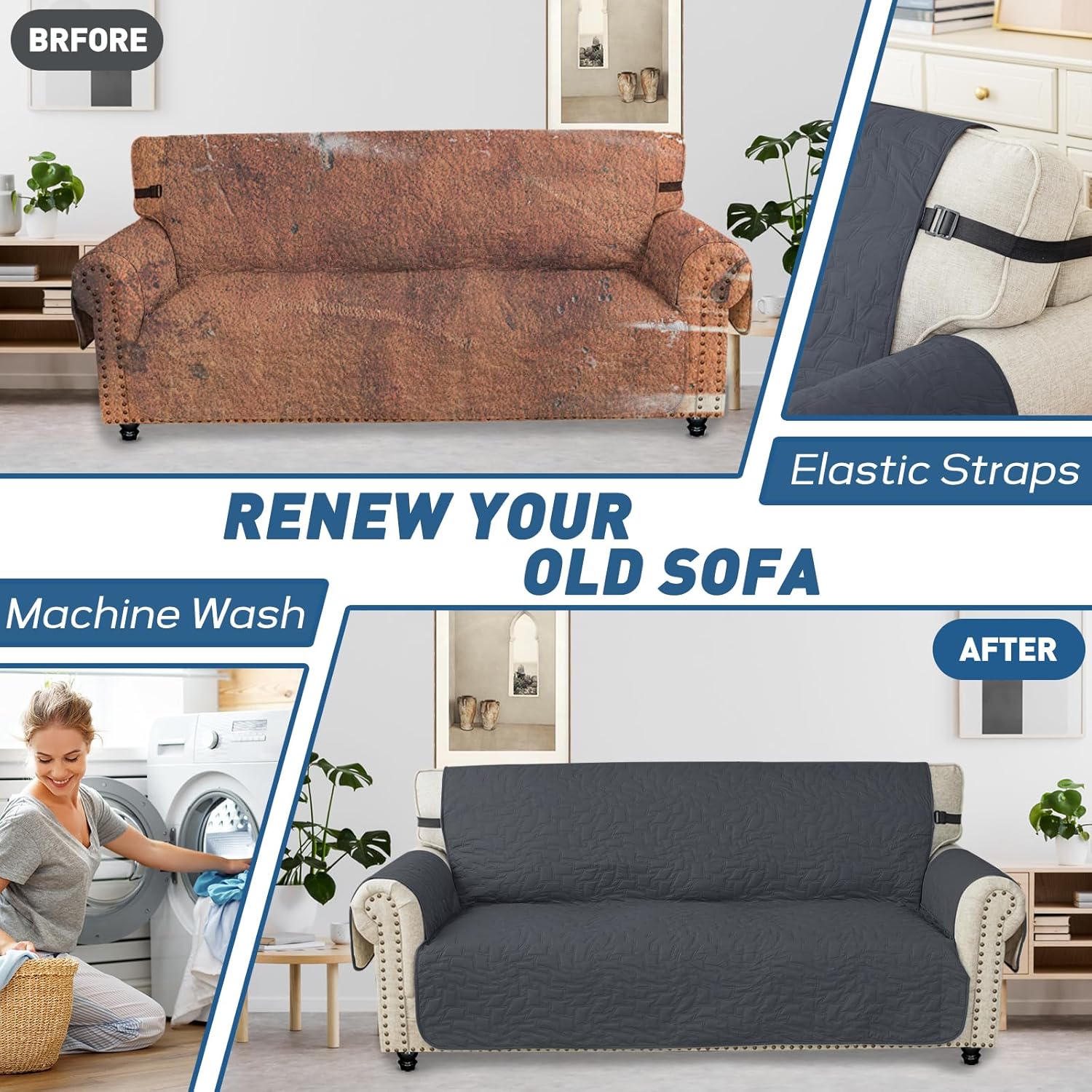 Thumbnail 5 de Ystyle Housse de canapé 3 places avec accoudoirs, imperméable anti-poils, antidérapante lavable (gris foncé)