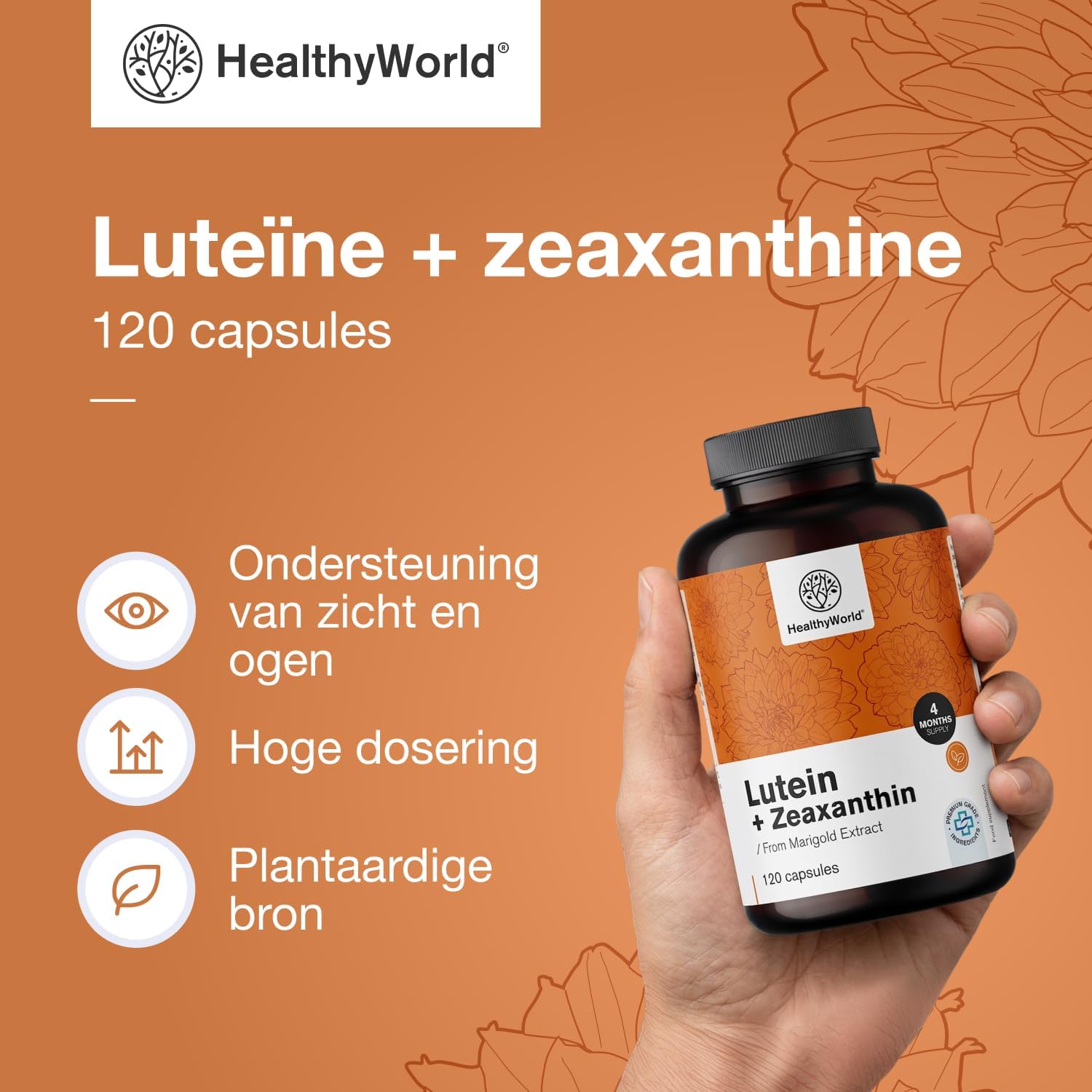 Detalle 2 de HealthyWorld Luteïne + Zeaxanthine supplement, 32 mg + 2 mg, 120 capsules
