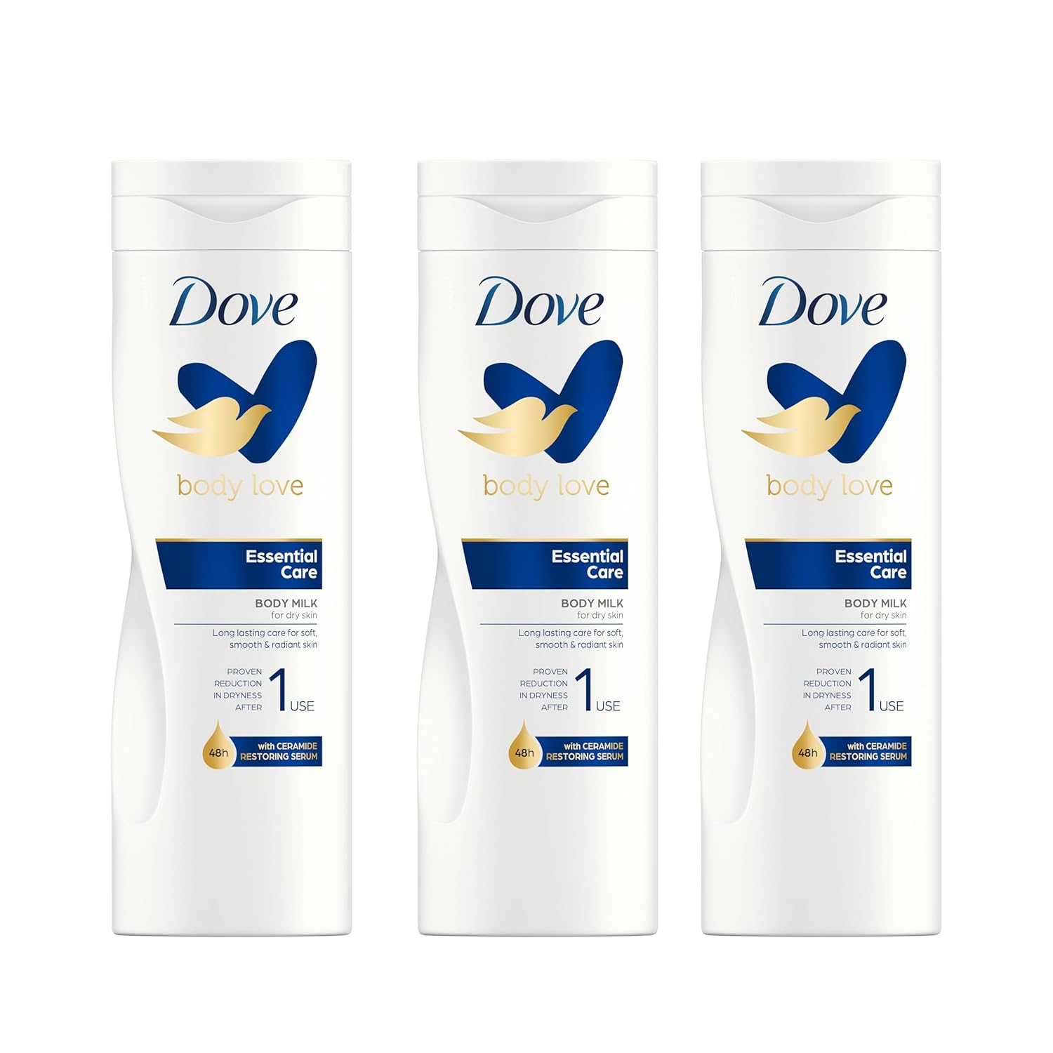 Detalle de Dove Body Love Feuchtigkeitsspendende Körpermilch Essential Care – Für trockene Haut, 3x400 ml