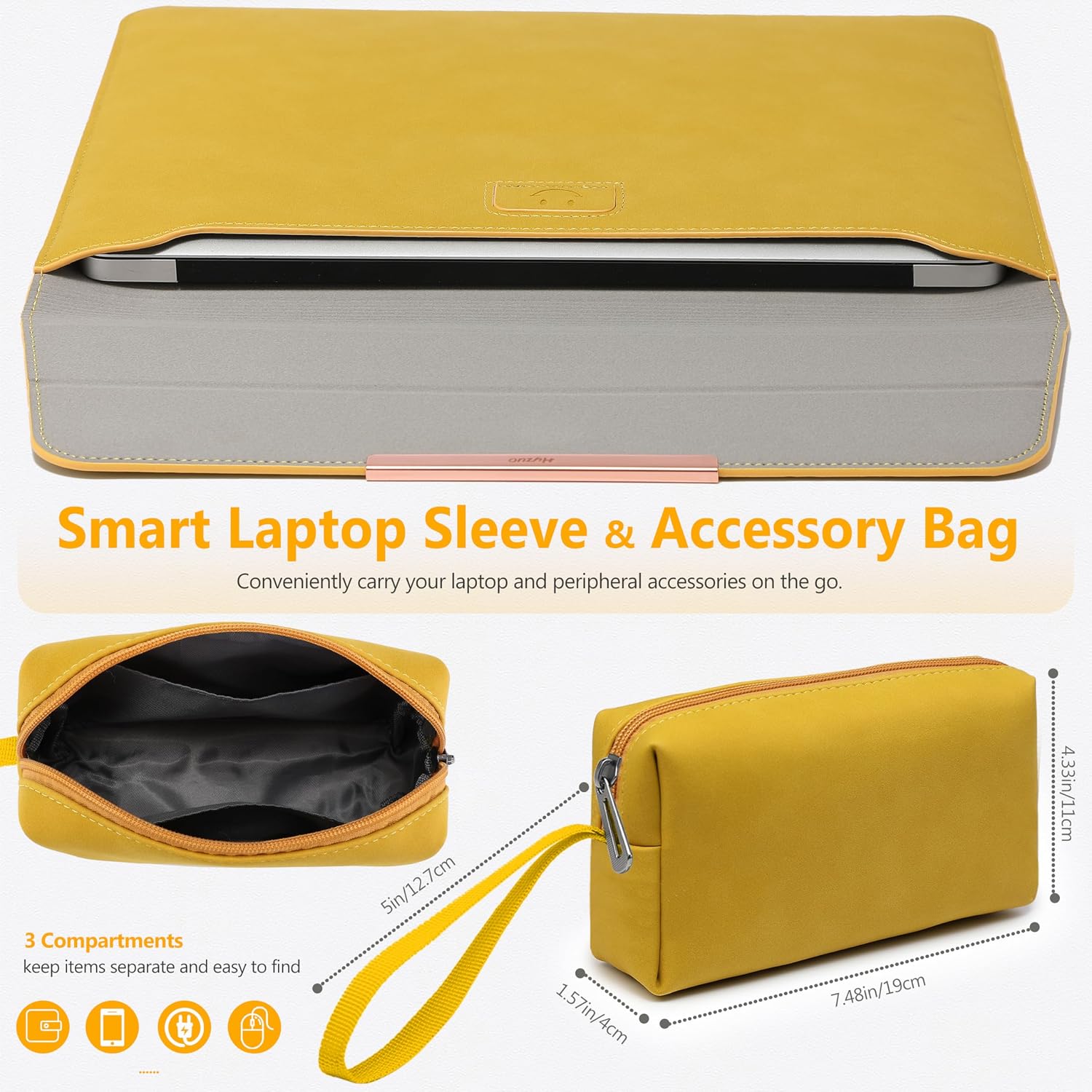 Detalle 2 de HYZUO 13-Zoll Laptop-Hülle mit Ständer & Magnetverschluss – Olivgelb (Smiley)