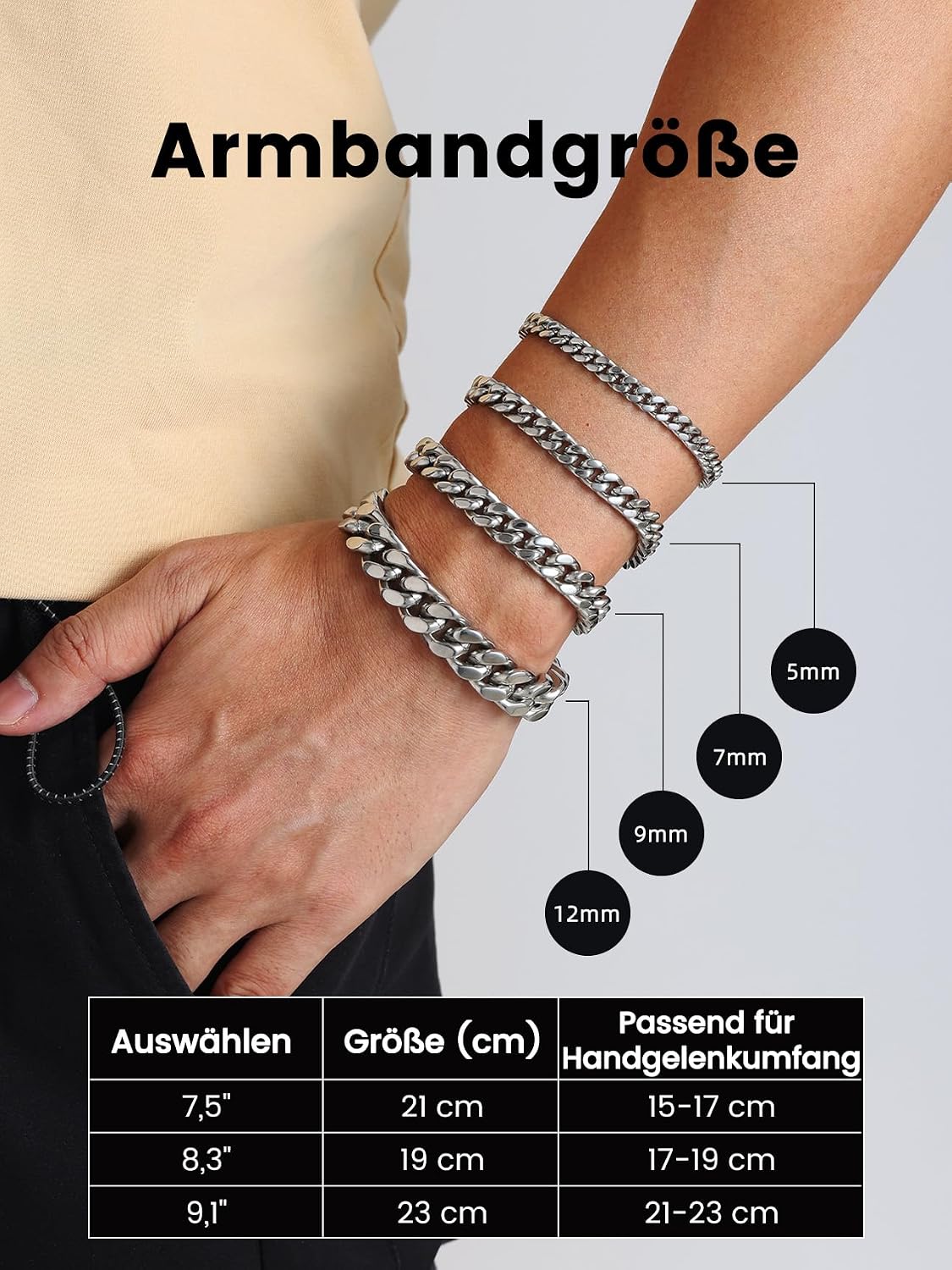 Detalle de Bestyle Armband Herren Edelstahl Panzerkette – 5/7/9/12,5 mm Breite, 19/21/23 cm Länge, Silber/Schwarz/Gold