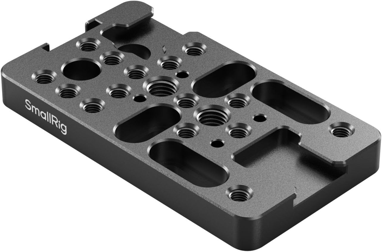 Detalle de SMALLRIG 4887 multifunctionele montageplaat van aluminium met 1/4"- en 3/8"-gaten