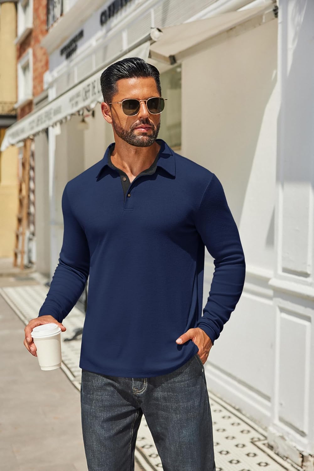 Detalle 2 de COOFANDY Men’s Long-Sleeve Polo Shirt with Button Collar