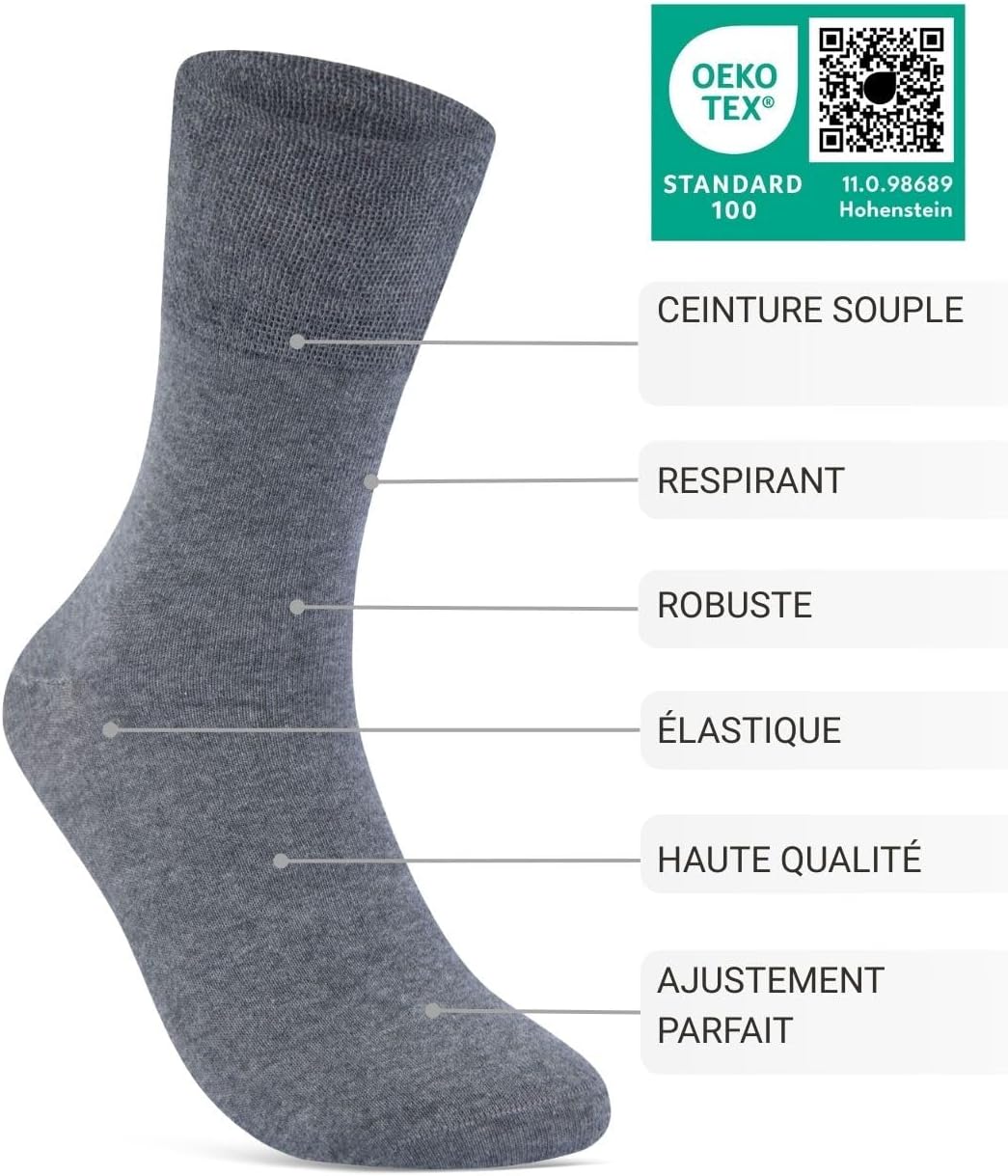 Detalle 2 de Lot de 6 paires de chaussettes diabétiques unisexes en coton (97%) sans couture et sans élastique