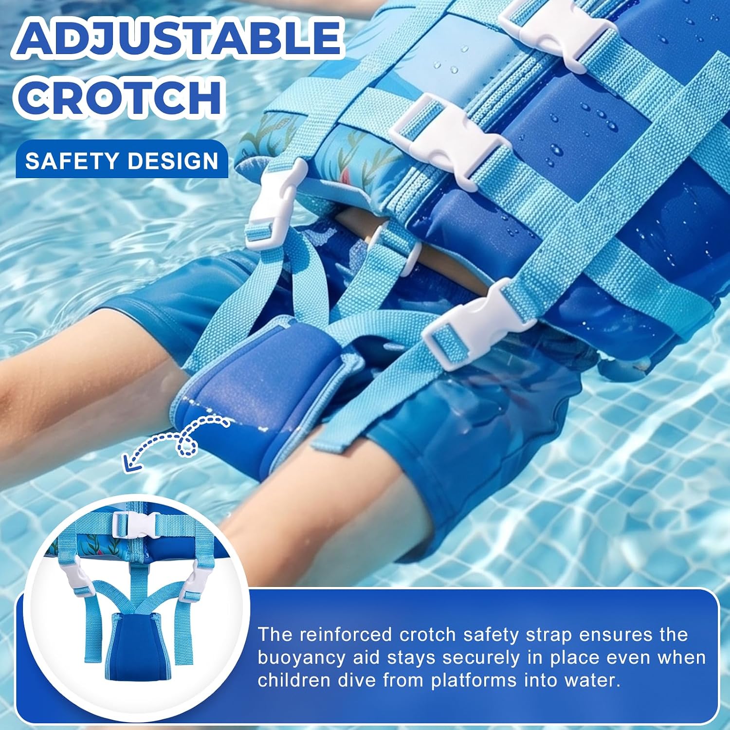 Detalle de Kids Swim Vest Float Jacket for 15–35kg Children – Adjustable Safety Straps, Front Zip, JACKET & CROTCH Design