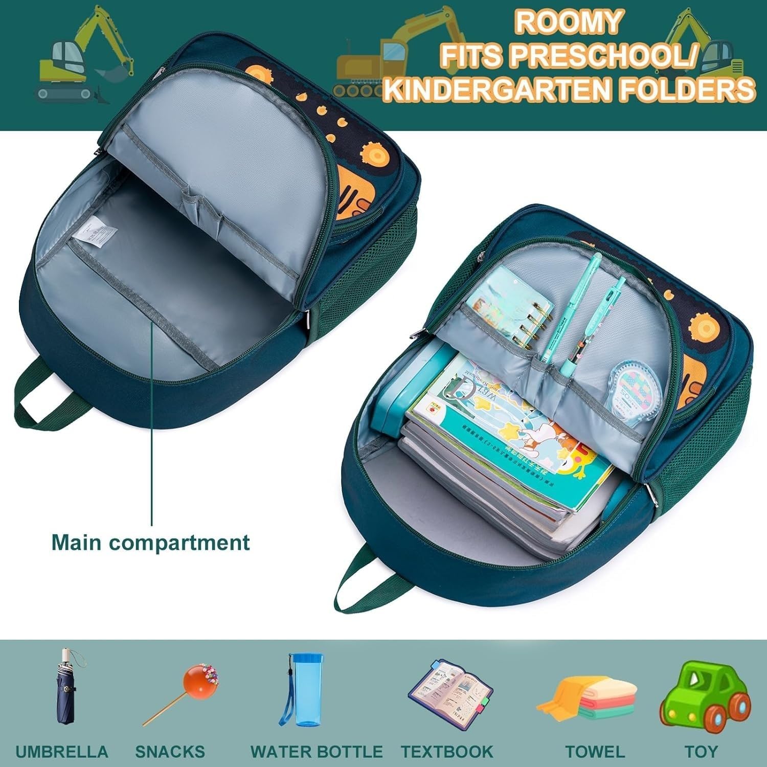 Detalle de LOIDOU Kinderrucksack Jungen 38 cm – Vorschul-Tagesrucksack mit Dinosaurier-, Hai- und Auto-Motiv