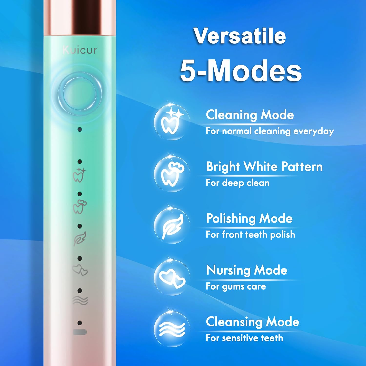 Detalle de Kuicur Portable Electric Soft Toothbrush with Travel Case — 90-Day Battery, 10 Heads, 5 Modes